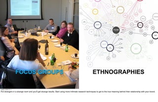 FOCUS GROUPS                                                                     ETHNOGRAPHIES

Tuesday, October 18, 11

Put strangers in a strange room and you’ll get strange results. Start using more initimate research techniques to get to the true meaning behind their relationship with your brand.
 