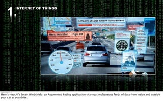 1.
                          INTERNET OF THINGS




Tuesday, October 18, 11


Here’s Hitachi’s Smart Windshield: an Augmented Reality application sharing simultaneous feeds of data from inside and outside
your car as you drive.
 