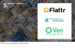 5.
                          VIRTUAL CURRENCY




Tuesday, October 18, 11


There are even more iterations of virtual currency.
 