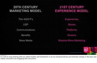 20TH CENTURY                                 21ST CENTURY
                          MARKETING MODEL                              EXPERIENCE MODEL

                              The 4/6/8 P’s                                         Experiences

                                  USP                                                   Stories

                             Communications                                           Platforms

                                Benefits                                                Dreams

                              Mass Media                                    Massive Micro Marketing



                                                                                           Creative Realities Proprietary And Confidential



Tuesday, October 18, 11


It’s time to stop working with out-dated models and frameworks in an era characterised by such dramatic change in the ways and
means consumers are engaging with consumers.
 
