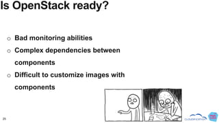 25
Is OpenStack ready?
o Bad monitoring abilities
o Complex dependencies between
components
o Difficult to customize image...