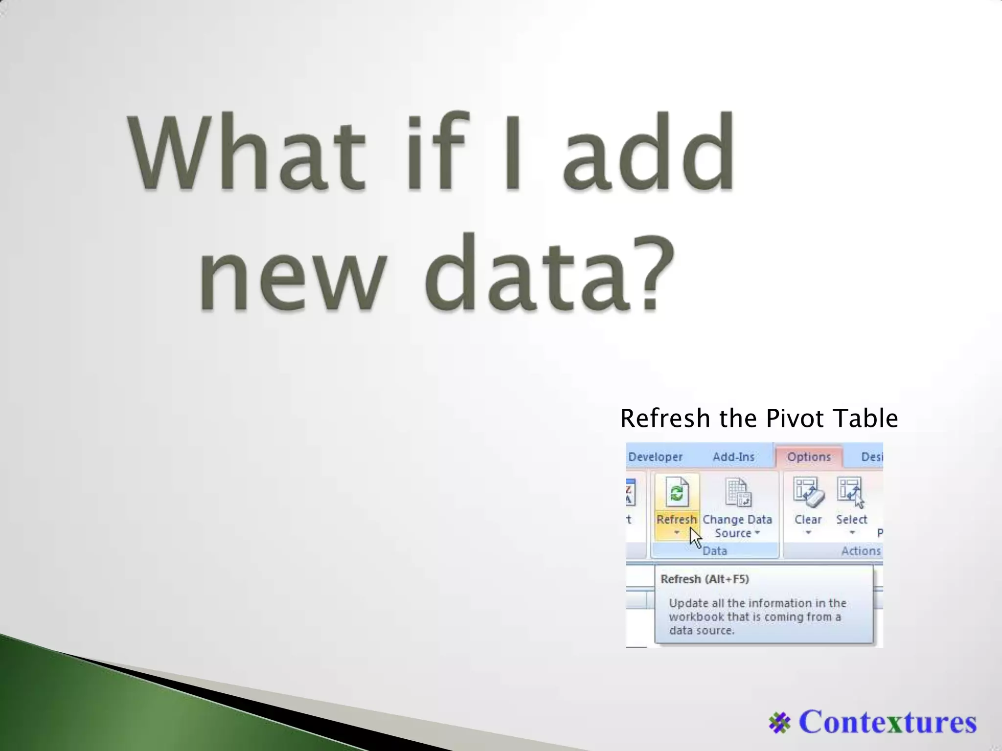 What if I addnew data?Refresh the Pivot Table