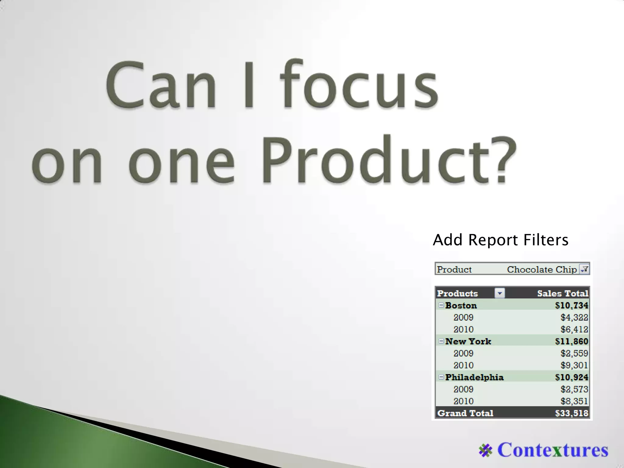 Can I focuson one Product?Add Report Filters