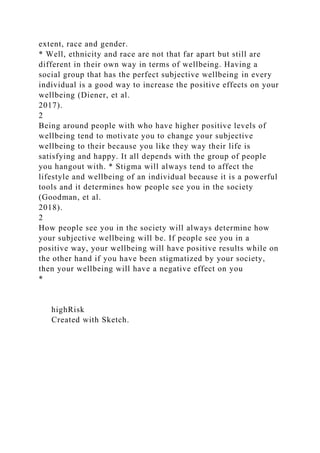 extent, race and gender.
* Well, ethnicity and race are not that far apart but still are
different in their own way in terms of wellbeing. Having a
social group that has the perfect subjective wellbeing in every
individual is a good way to increase the positive effects on your
wellbeing (Diener, et al.
2017).
2
Being around people with who have higher positive levels of
wellbeing tend to motivate you to change your subjective
wellbeing to their because you like they way their life is
satisfying and happy. It all depends with the group of people
you hangout with. * Stigma will always tend to affect the
lifestyle and wellbeing of an individual because it is a powerful
tools and it determines how people see you in the society
(Goodman, et al.
2018).
2
How people see you in the society will always determine how
your subjective wellbeing will be. If people see you in a
positive way, your wellbeing will have positive results while on
the other hand if you have been stigmatized by your society,
then your wellbeing will have a negative effect on you
*
highRisk
Created with Sketch.
 