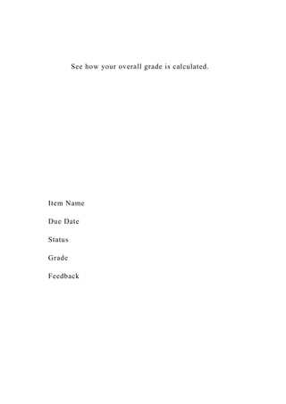 See how your overall grade is calculated.
Item Name
Due Date
Status
Grade
Feedback
 