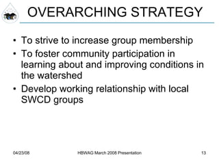 To strive to increase group membership To foster community participation in learning about and improving conditions in the watershed Develop working relationship with local SWCD groups OVERARCHING STRATEGY 
