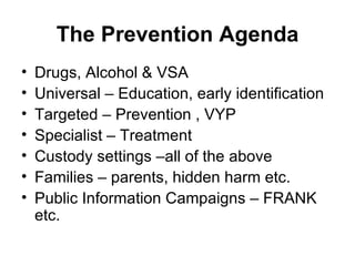 The Prevention Agenda Drugs, Alcohol & VSA Universal – Education, early identification Targeted – Prevention , VYP Specialist – Treatment Custody settings –all of the above Families – parents, hidden harm etc. Public Information Campaigns – FRANK etc. 