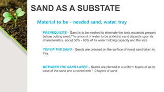 SAND AS A SUBSTATE
Material to be - needed sand, water, tray
PREREQUISITE – Sand is to be washed to eliminate the toxic materials present
before putting seed,The amount of water to be added to sand deprnds upon its
characteristics, about 50% - 60% of its water holding capacity and the size
TOP OF THE SAND – Seeds are pressed on the surface of moist sand taken in
tray.
BETWEEN THE SAND LAYER – Seeds are planted in a uniform layers of as in
case of the sand and covered with 1-3 layers of sand
 