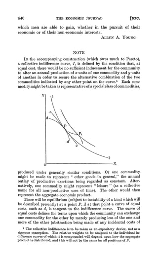 540 THE ECONOMIC JOURNAL [DEC.
which men are able to gain, whether in the pursuit of their
economic or of their non-economic interests.
ALLYN A. YOUNG
NOTE
IN the accompanying construction (which owes much to Pareto),
a collective indifference curave,I, is defined by the condition that, at
equal cost, there would be no sufficient inducement for the community
to alter an annual production of x units of one commodity and y units
of another in order to secure the alternative combination of the two
commodities indicated by any other point on the curve.' Each com-
moditymight be taken as representative of a specialclass of commodities,
Y
C
d
P
Pt
0~~~
I X
produced under generally similar conditions. Or one commodity
might be made to represent " other goods in general," the annual
outlay of productive exertions being regarded as constant. Alter-
natively, one commodity muightrepresent " leisure " (as a collective
name for all non-productive uses of time). The other would then
represent the aggregate economic product.
There will be equilibrium (subject to instability of a kind whichwill
be described presently) at a point P, if at that point a curve of equal
costs, such as d, is tangent to the indifference curve. The curve of
equal costs defines the term-nsupon which the community can exchange
one commodity for the other by merely producing less of the one and
more of the other (abstraction being made of any incidelntalcosts of
1 The collective indifferenceis to be taken as an expository device, not as a
rigorous conception. The relative weights to be assigned to the individual in-
differencecurves of which it is compoundedwiU depend upon how the aggregate
productis distribuLted,and this will not be the same for all positions of P.
 