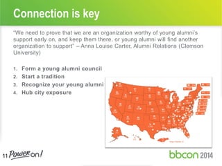 “We need to prove that we are an organization worthy of young alumni’s
support early on, and keep them there, or young alumni will find another
organization to support” – Anna Louise Carter, Alumni Relations (Clemson
University)
1. Form a young alumni council
2. Start a tradition
3. Recognize your young alumni
4. Hub city exposure
Connection is key
11
 