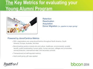 The Key Metrics for evaluating your
Young Alumni Program
Retention
Reactivation
Acquisition
Donor Migration (i.e. pipeline to major giving)
Powered by donorCentrics Metrics
» 500+ organizations are using donorCentrics throughout North America, South
America, Europe, Australia, and Asia
» Benchmarking sectors include arts and culture, healthcare, environmental, societal
benefit, public broadcasting, human rights, human services, colleges and universities,
animal protection, international relief, and secondary schools.
» Transactional (not self-reported metrics)
» Hard credit giving, gift caps applied
 