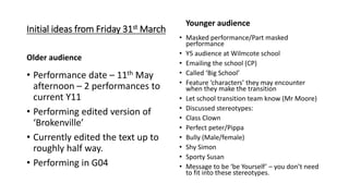 Initial ideas from Friday 31st March
Older audience
• Performance date – 11th May
afternoon – 2 performances to
current Y11
• Performing edited version of
‘Brokenville’
• Currently edited the text up to
roughly half way.
• Performing in G04
Younger audience
• Masked performance/Part masked
performance
• Y5 audience at Wilmcote school
• Emailing the school (CP)
• Called ‘Big School’
• Feature ‘characters’ they may encounter
when they make the transition
• Let school transition team know (Mr Moore)
• Discussed stereotypes:
• Class Clown
• Perfect peter/Pippa
• Bully (Male/female)
• Shy Simon
• Sporty Susan
• Message to be ‘be Yourself’ – you don’t need
to fit into these stereotypes.
 