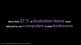 24% of children aged eight and under are
        using the internet without supervision




Source: "Oz Teens Security Onl...