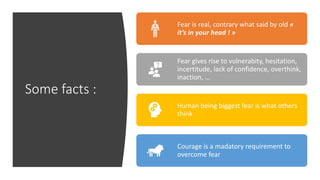 Some facts :
Fear is real, contrary what said by old «
it’s in your head ! »
Fear gives rise to vulnerabity, hesitation,
incertitude, lack of confidence, overthink,
inaction, …
Human being biggest fear is what others
think
Courage is a madatory requirement to
overcome fear
 