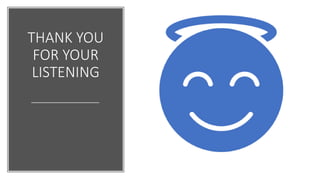 THANK YOU
FOR YOUR
LISTENING
 