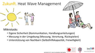 UNTERSTÜTZT VON FOLGENDEN PARTNERN
Zukunft. Heat Wave Management
Mikrotasks
• Eigene Sicherheit (Kommunikation, Handlungsanleitungen)
• Messung in der Umgebung (Messung, Verortung, Rückspielen)
• Unterstützung von Nachbarn (Selbsthilfekapazität, Freiwilligkeit)
 
