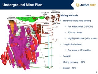 YD Historic
Mine Workings
Open Pit
Ramp Portal
10350L
NG Shaft MCM Shaft
9890L
9590L
9400L
9200L
8900L
MCM Historic
Mine Workings
Underground Mine Plan
8
Mining Methods
• Transverse long hole stoping
• For wider zones (12-40m)
• 30m sub levels
• Highly productive (wide zones)
• Longitudinal retreat
• For areas < 12m widths
• Pastefill
• Mining recovery ~ 92%
• Dilution ~10%
 