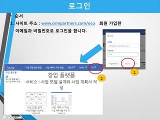 로그인
• 순서
1. 사이트 주소 : www.cvmpartners.com/ocu 회원 가입한
이메일과 비밀번호로 로그인을 합니다.
1
2
 