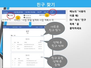 친구 찾기
메뉴의 “사용자
이름 예)
DJ＂에서 “친구
목록＂을
클릭하세요
새로운
친구 찾기
친구 요청
선택 후
승락
선택 후
친구 삭제
1
2
 