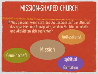 MISSION-SHAPED CHURCH
   Was passiert, wenn statt des „Gottesdienstes“ die „Mission“
  das organisierende Prinzip wird, an dem Strukturen, Inhalte
  und Aktivitäten sich ausrichten?
                                        Gottesdienst

                        Mission
Gemeinschaft
                                          spiritual
                                         formation
 