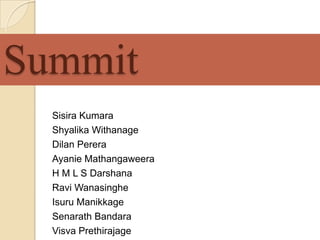 Summit Sisira Kumara Shyalika Withanage Dilan Perera Ayanie Mathangaweera H M L S Darshana Ravi Wanasinghe Isuru Manikkage Senarath Bandara Visva Prethirajage 