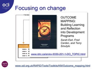 Focusing on change www.odi.org.uk/RAPID/Tools/Toolkits/KM/Outcome_mapping.html OUTCOME MAPPING: Building Learning and Reflection into Development Programs Sarah Earl, Fred Carden, and Terry Smutylo www.idrc.ca/en/ev-9330-201-1-DO_TOPIC.html 