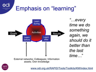 Emphasis on “learning” “… every time we do something again, we should do it better than the last time… ” Goals Results Activities External networks; Colleagues; Information assets; Own knowledge www.odi.org.uk/RAPID/Tools/Toolkits/KM/Index.html Learn during Learn after Learn before 