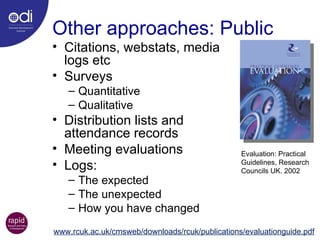 Other approaches: Public Citations, webstats, media  logs etc Surveys Quantitative Qualitative Distribution lists and  attendance records Meeting evaluations Logs: The expected The unexpected How you have changed Evaluation: Practical  Guidelines, Research  Councils UK. 2002  www.rcuk.ac.uk/cmsweb/downloads/rcuk/publications/evaluationguide.pdf 
