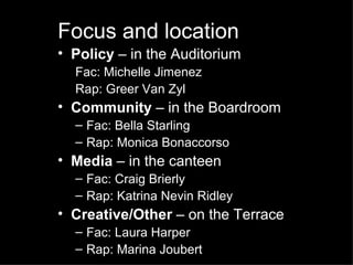 Focus and location Policy  – in the Auditorium Fac: Michelle Jimenez Rap: Greer Van Zyl Community  – in the Boardroom Fac: Bella Starling Rap: Monica Bonaccorso Media  – in the canteen Fac: Craig Brierly Rap: Katrina Nevin Ridley Creative/Other  – on the Terrace Fac: Laura Harper Rap: Marina Joubert 