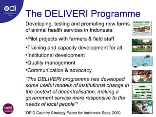 The DELIVERI Programme Developing, testing and promoting new forms of animal health services in Indonesia:  Pilot projects with farmers & field staff Training and capacity development for all Institutional development Quality management Communication & advocacy “ The DELIVERI programme has developed some useful models of institutional change in the context of decentralisation, making a government service more responsive to the needs of local people” 1 1  DFID Country Strategy Paper for Indonesia Sept. 2000 