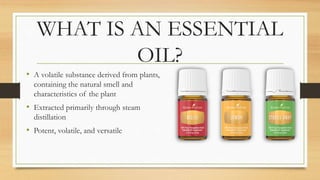 WHAT IS AN ESSENTIAL
OIL?
• A volatile substance derived from plants,
containing the natural smell and
characteristics of the plant
• Extracted primarily through steam
distillation
• Potent, volatile, and versatile
 