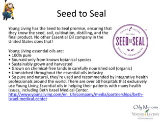Seed to Seal
Young Living has the Seed to Seal promise, ensuring that
they know the seed, soil, cultivation, distilling, and the
final product. No other Essential Oil company in the
United States does that!
Young Living essential oils are:
• 100% pure
• Sourced only from known botanical species
• Sustainably grown and harvested
• Grown on chemical-free lands in carefully nourished soil (organic)
• Unmatched throughout the essential oils industry
• So pure and natural, they’re used and recommended by integrative health
professionals around the world. There are over 50 hospitals that exclusively
use Young Living Essential oils in helping their patients with many health
issues, including Beth Israel Medical Center.
http://www.youngliving.com/en_US/company/media/partnerships/beth-
israel-medical-center
 
