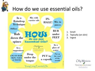 How do we use essential oils?
1. Smell
2. Topically (on skin)
3. Ingest
 