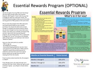 Essential Rewards Program (OPTIONAL)
Like the thought of earning FREE oils? One thing I
also love about Young Living is the Essential
Rewards (ER) Program. If you’re like me, you like
to budget for what you need each month. The
Essential Rewards program helps you do that while
earning points for FREE product at the same time!
ER is an auto-ship program that offers discounts
and reward points based on your monthly
purchases. You choose the date (and can even
change it if needed) and choose products (which
you can also change) to arrive at your door every
month. If you sign up as a member of Young Living
and don't sign up for the Essential Rewards
program, you are losing money! This is a great way
to budget and “try out” the various oils available,
while saving money as you build your own natural
“Medicine Cabinet.”
Here are a few main points to consider:
· FREE to sign up
· No obligation to continue
· Discounted Shipping ($6.98 for the first 5 lbs!)
· Earn points for up to 20% back in FREE products
· Qualify for special discounted essential oil
collections and more free oils (YL has special
promos where you can get free oils just for
meeting the PV for the month)
If you’re serious about essential oils, this program
is a MUST!
If you decide to join, you need only sign up to
purchase 50 PV per month. When you sign up with
an ER kit at signup - you will get to choose where
to start!!
Months on Essential Rewards Points Earned
Months 1 through 6 10% of PV
Months 7 through 12 15% of PV
Months 13+ 20% of PV
 