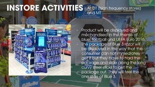 INSTORE ACTIVITIES At DT (high frequency stores)
and MT
- Product will be displayed and
mẻchandised in the theme of
blue, football and UEFA Euro 2016.
- The package of Blue 3 razor will
be displayed in the way that the
consumer can not immediately
get it but they have to hold the
package and slide along the long
curvy steel sticks to get the
package out. They will feel the
one slide of Blue 3.
 