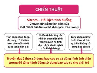 CHIẾN THUẬT
Sitcom – Hài kịch tình huống
Chuyện đời sống tình cảm của
một nhóm bạn trẻ (có thể không phải thần tượng)

Tính cách năng động,
đa dạng, có thể tạo
icon cho tuổi trẻ về
cuộc sống hiện đại

Nhiều tình huống rắc
rối liên quan đến tình
yêu và quan hệ tình
dục (dựa vào insights
của khách hàng)

Lồng ghép những
kiến thức và hậu
quả khi không sử
dụng bao cao su

Truyền đạt ý thức sử dụng bao cao su và dùng hình ảnh thần
tượng để tăng hành động sử dụng bao cao su cho giới trẻ

 