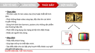 GÂY TÒ MÒ

LÀM NÓNG

THÚC ĐẨY

GỢI NHẮC

 Thực hiện:
- Tổ chức cuộc thi làm video clip (15s) hoặc thiết kế hình
ảnh.
- Phát những đoạn video sáng tạo, độc đáo lên các kênh
truyền thông.
- Dùng hình ảnh làm banners, posters cho những sản phẩm
của thương hiệu OK.
- Phát triển ứng dụng của mạng xã hội trên điện thoại.
- Khảo sát người tiêu dùng.
 Mục đích:
- Thấu hiểu khách hàng.
- Giúp bạn trẻ tự tin thể hiện mình.
- Tạo điều kiện cho các bậc phụ huynh hiểu được suy nghĩ
của giới trẻ ngày nay.
NGƯỜI HIỆN ĐẠI. THẾ TIÊN PHONG.

13

 