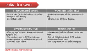 PHÂN TÍCH SWOT
STRENGTHS (THẾ MẠNH)
- Thương hiệu OK đã có vị thế trên thị trường.
- Kênh phân phối đa dạng.
- Giá rẻ (được hỗ trợ)

OPPORTUNITY (CƠ HỘI)
- Số lượng người có nhu cầu QHTD và chưa sử
dụng BCS lớn.
- Nhu cầu được biết về QHTD an toàn cao.
- Marketing online rất phổ biến trong giới trẻ.
- Được Nhà Nước hỗ trợ.

NGƯỜI HIỆN ĐẠI. THẾ TIÊN PHONG.

WEAKENESS (ĐIỂM YẾU)
- Marketing trong giới trẻ vẫn chưa được thúc
đẩy.
- Sản phẩm của OK không đa dạng.

THREATS (RỦI RO)
- Định kiến xã hội về vấn đề QHTD trước hôn
nhân.
- Giới trẻ thiếu kiến thức về QHTD an toàn.
- Nhiều đối thủ cạnh tranh.
- Tính trung thành với sản phẩm không cao.

4

 