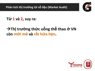 Phân tích thị trường từ số liệu (Market Audit)
Từ 1 và 2, suy ra:
Thị trường thức uống thể thao ở VN
còn mới mẻ và rất hứa hẹn.
 