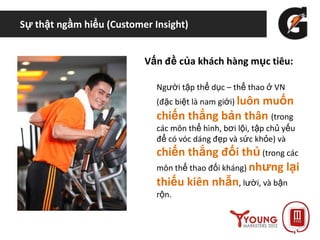 Sự thật ngầm hiểu (Customer Insight)
Vấn đề của khách hàng mục tiêu:
Người tập thể dục – thể thao ở VN
(đặc biệt là nam giới) luôn muốn
chiến thắng bản thân (trong
các môn thể hình, bơi lội, tập chủ yếu
để có vóc dáng đẹp và sức khỏe) và
chiến thắng đối thủ (trong các
môn thể thao đối kháng) nhưng lại
thiếu kiên nhẫn, lười, và bận
rộn.
 
