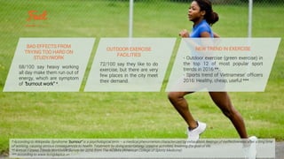 NEW TREND IN EXERCISE
- Outdoor exercise (green exercise) in
the top 12 of most popular sport
trends in 2016 **.
- Sports trend of Vietnamese’ officers
2016: Healthy, cheap, useful ***
OUTDOOR EXERCISE
FACILITIES
72/100 say they like to do
exercise, but there are very
few places in the city meet
their demand.
BAD EFFECTS FROM
TRYING TOO HARD ON
STUDY/WORK
68/100 say heavy working
all day make them run out of
energy, which are symptom
of “burnout work” *.
* According to Wikipedia: Syndrome "burnout" is a psychological term – a medical phenomenon characterized by exhaustion, feelings of ineffectiveness after a long time
of working, causing serious consequences to health. Treatment by doing entertaining/ creative activities, lowering the goal of life.
** Annual Fitness Trends Worldwide Survey for 2016 from The ACSM's (American College of Sports Medicine).
*** According to www.bongdaplus.vn
 