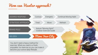 DESIRED RESPOND Curious Energetic Continue Moving habit
Tired Move RefreshSTRATEGIC APPROACH
BRAND ROLE
Nuture “Moving Spirit”
Outdoor Exercise Guide
BIG IDEA
You don’t need a heavy method for
exercise. What you need is a fresh,
enjoyable, fun exercise so you can make it
become your active daily lifestyle.
 