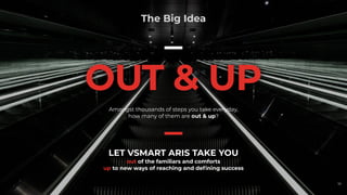 OUT & UP
The Big Idea
Amongst thousands of steps you take everyday,


how many of them are out & up?
LET VSMART ARIS TAKE YOU


out of the familiars and comforts


up to new ways of reaching and de
fi
ning success
10
 