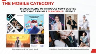 THE MOBILE CATEGORY
3
BRANDS RACING TO INTRODUCE NEW FEATURES


REVOLVING AROUND A GLAMOROUS LIFESTYLE
Mid-tier phones & The Trendy Gen Z Premium &
fl
agship phones & The Fabulous Millennials
 
