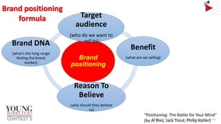 Brand positioning
formula
Brand DNA
(what’s the long range
feeling the brand
evokes)

Target
audience
(who do we want to
sell to)

Brand
positioning

Benefit
(what are we selling)

Reason To
Believe
(why should they believe
us)

“Positioning: The Battle for Your Mind”
(by Al Ries, Jack Trout, Philip Kotler)

 