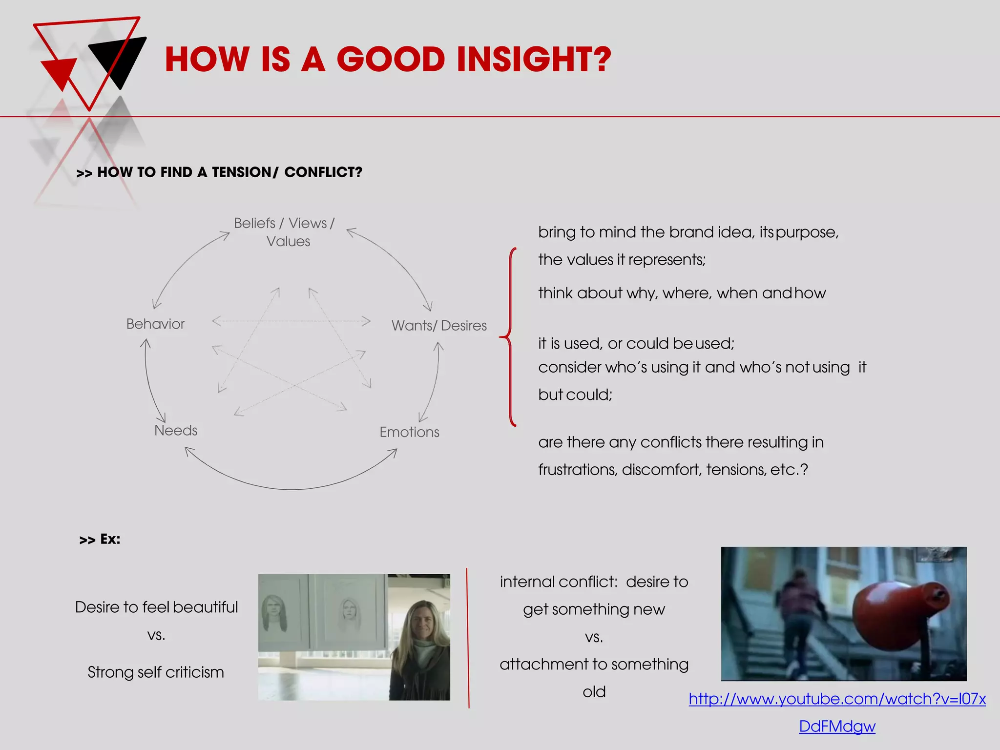 >> HOW TO FIND A TENSION/ CONFLICT?
HOW IS A GOOD INSIGHT?
bring to mind the brand idea, itspurpose,
the values it represents;
think about why, where, when andhow
it is used, or could beused;
consider who’s using it and who’s not using it
but could;
are there any conflicts there resulting in
frustrations, discomfort, tensions,etc.?
Needs
Behavior
Beliefs / Views /
Values
Wants/ Desires
Emotions
>> Ex:
Desire to feel beautiful
vs.
Strong self criticism
internal conflict: desire to
get something new
vs.
attachment to something
old http://www.youtube.com/watch?v=I07x
DdFMdgw
 