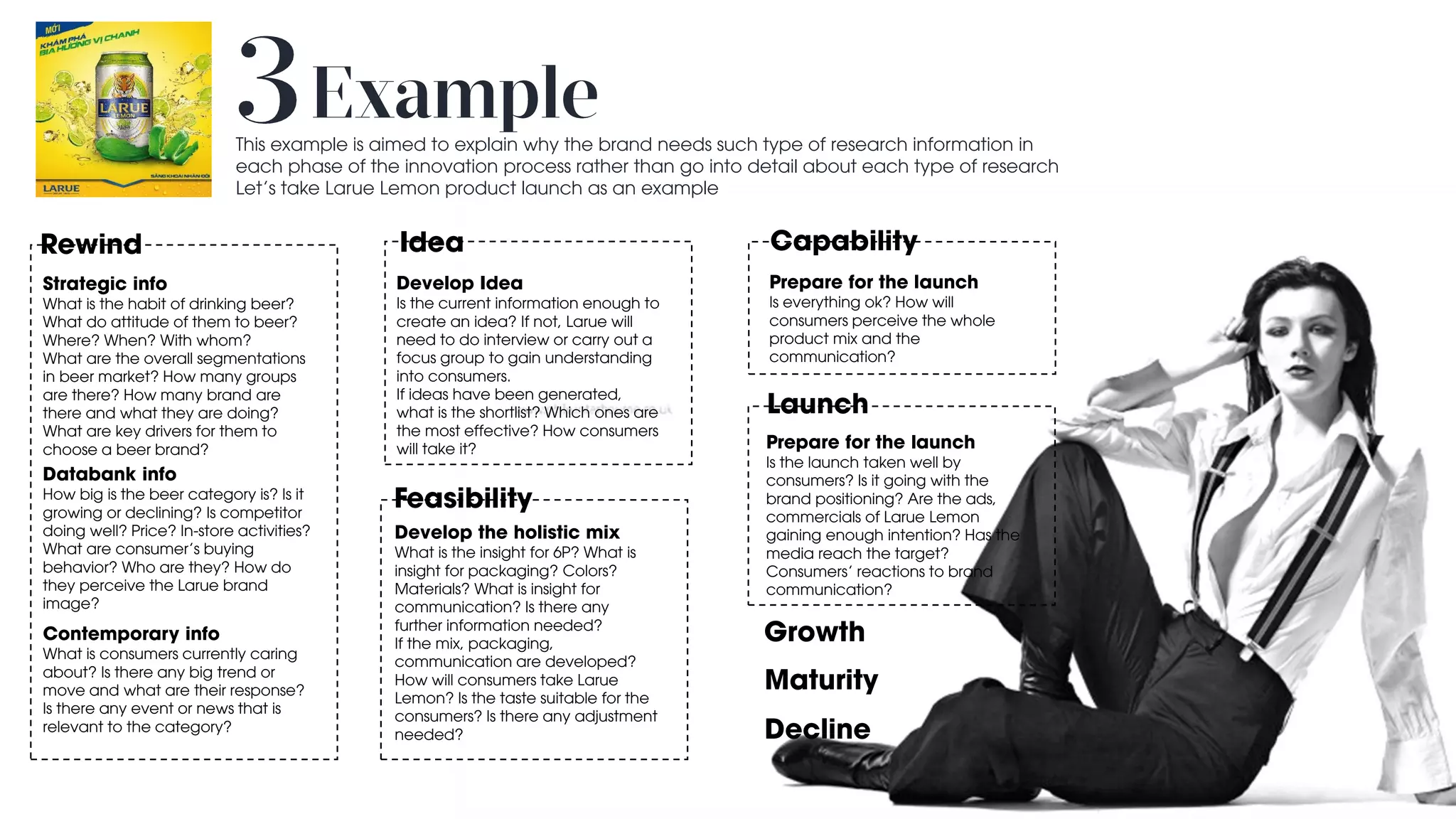 Rewind Idea
Feasibility
Capability
Launch
Growth
Maturity
Decline
This example is aimed to explain why the brand needs such type of research information in
each phase of the innovation process rather than go into detail about each type of research
Let’s take Larue Lemon product launch as an example
Strategic info
What is the habit of drinking beer?
What do attitude of them to beer?
Where? When? With whom?
What are the overall segmentations
in beer market? How many groups
are there? How many brand are
there and what they are doing?
What are key drivers for them to
choose a beer brand?
Databank info
How big is the beer category is? Is it
growing or declining? Is competitor
doing well? Price? In-store activities?
What are consumer’s buying
behavior? Who are they? How do
they perceive the Larue brand
image?
Contemporary info
What is consumers currently caring
about? Is there any big trend or
move and what are their response?
Is there any event or news that is
relevant to the category?
Develop Idea
Is the current information enough to
create an idea? If not, Larue will
need to do interview or carry out a
focus group to gain understanding
into consumers.
If ideas have been generated,
what is the shortlist? Which ones are
the most effective? How consumers
will take it?
Develop the holistic mix
What is the insight for 6P? What is
insight for packaging? Colors?
Materials? What is insight for
communication? Is there any
further information needed?
If the mix, packaging,
communication are developed?
How will consumers take Larue
Lemon? Is the taste suitable for the
consumers? Is there any adjustment
needed?
Prepare for the launch
Is everything ok? How will
consumers perceive the whole
product mix and the
communication?
Prepare for the launch
Is the launch taken well by
consumers? Is it going with the
brand positioning? Are the ads,
commercials of Larue Lemon
gaining enough intention? Has the
media reach the target?
Consumers’ reactions to brand
communication?
 