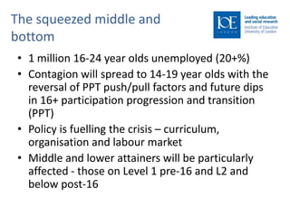 The squeezed middle and
bottom
 • 1 million 16-24 year olds unemployed (20+%)
 • Contagion will spread to 14-19 year olds with the
   reversal of PPT push/pull factors and future dips
   in 16+ participation progression and transition
   (PPT)
 • Policy is fuelling the crisis – curriculum,
   organisation and labour market
 • Middle and lower attainers will be particularly
   affected - those on Level 1 pre-16 and L2 and
   below post-16
 