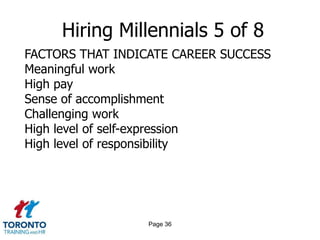Page 34Hiring Millennials 3 of 8PRIOR PREPARATION Take the lead in listening, learning and adaptingBalance IT boundaries and freedomsAdapt IT policies to deal with generational diversityAccelerate experiments with social networksBridge the generation gap
