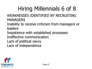 Page 35Hiring Millennials 4 of 8CHOICES TO MAKE IN ORDER TO PREPARE FOR THE FUTUREGetting the proper education Learning transferable skills Setting goals with their manager to prepare for the next level Actively networking Getting an internship, apprenticeship or vocational training Researching emerging careers that interest them Joining the armed services for job training, funding for a college education, etc. Joining a professional organization 